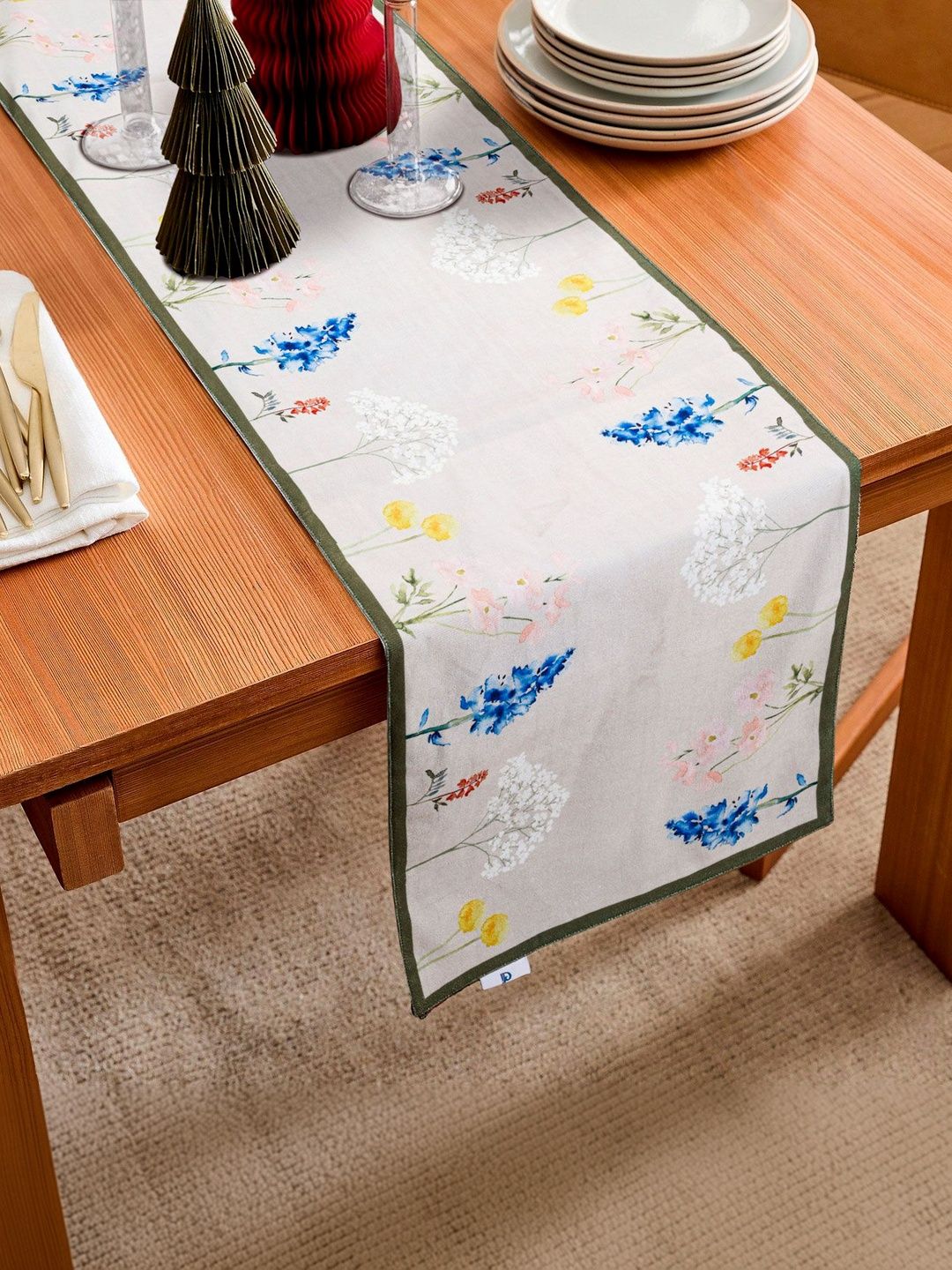 PLIVANA Green & Pink Floral Printed Dining Table Runner