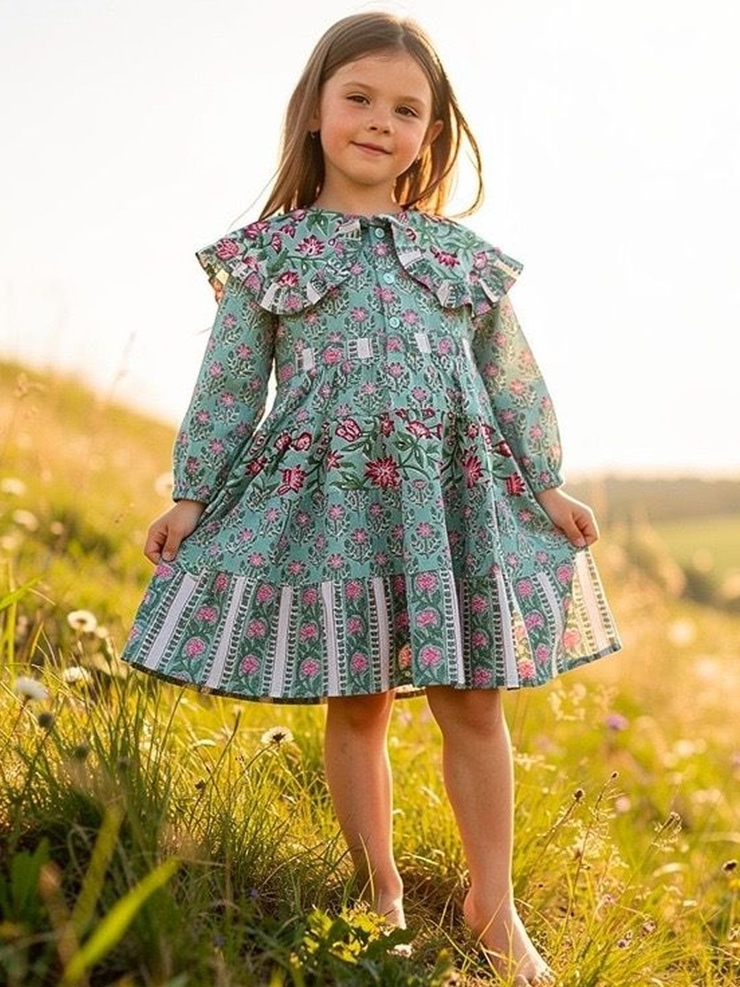 Buy saruche Floral Print Peter Pan Collar Puff Sleeve Ruffled A