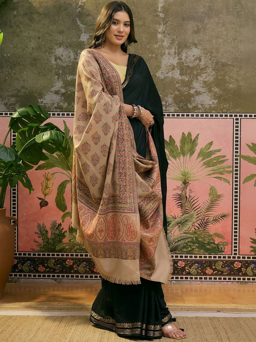 Sangria Pashmina Women Ethnic Motifs Paisley Beige shawl