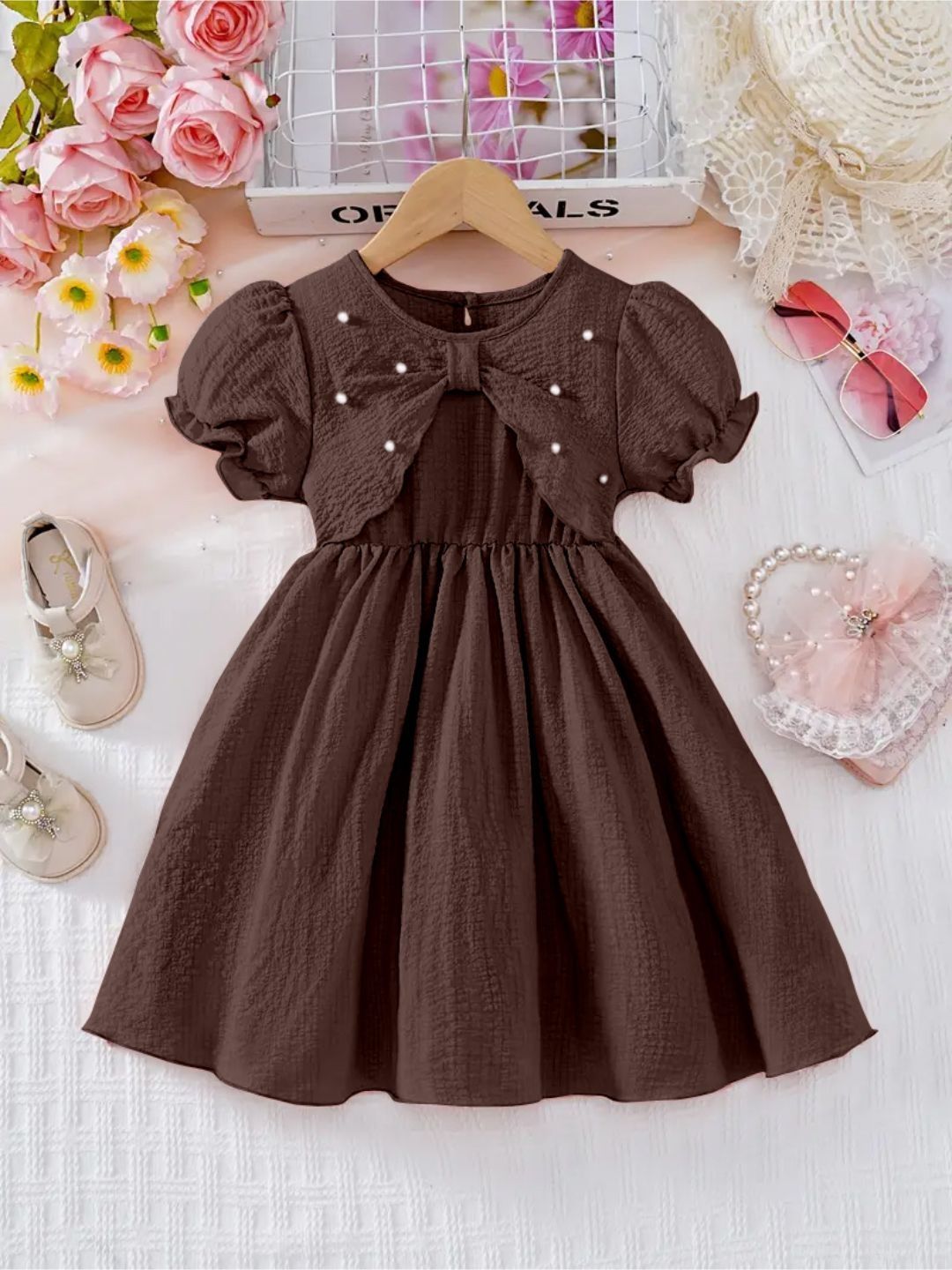 Buy YK Girls Self Design Puff Sleeves Fit & Flare A-Line Dress - Dresses  for Girls 37493655