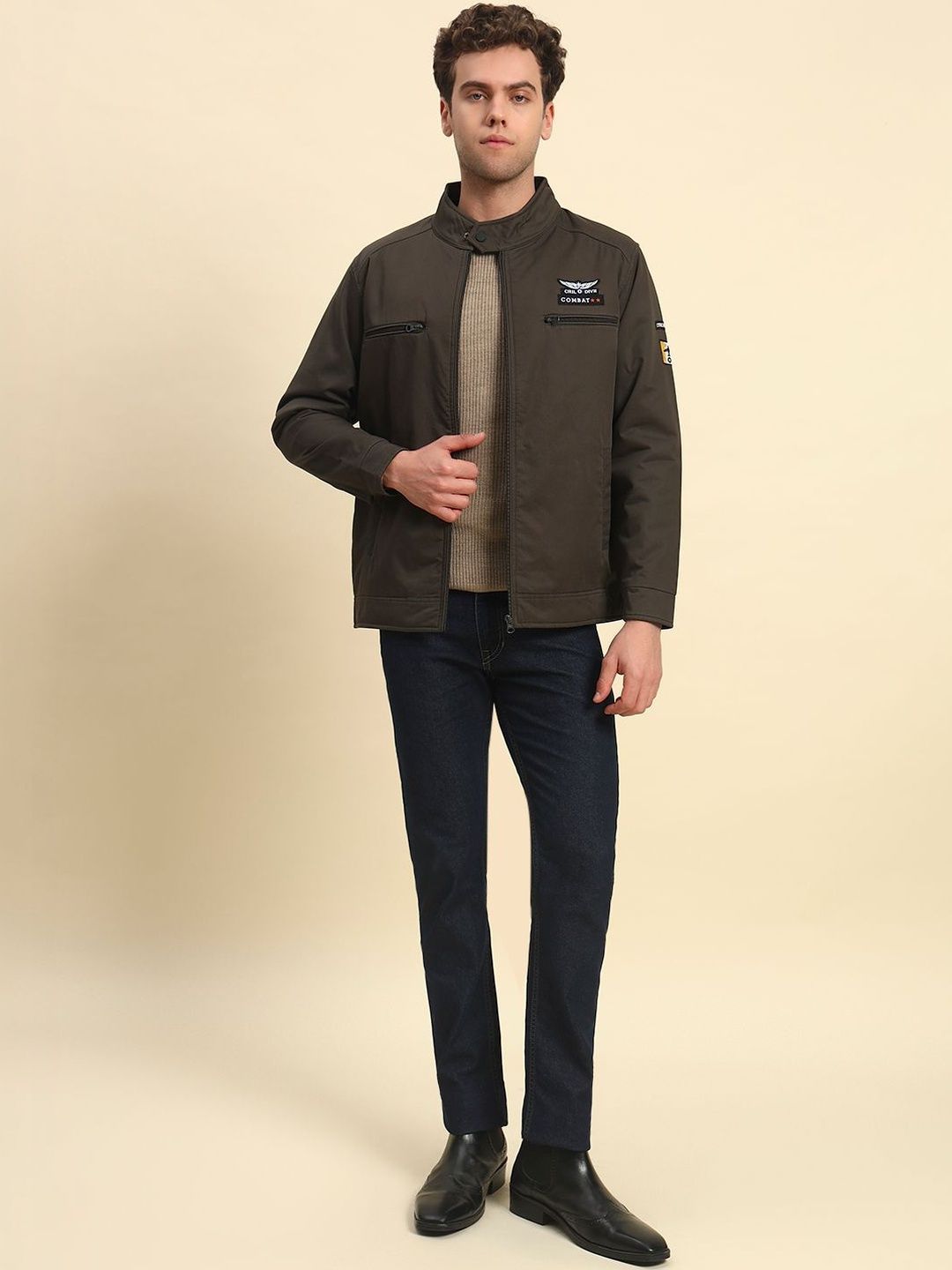 Cantabil Men Brand Logo Bomber with Patchwork Jacket