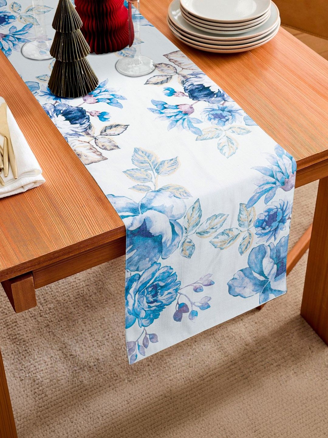 PLIVANA Blue & White Floral Printed Dining Table Runner
