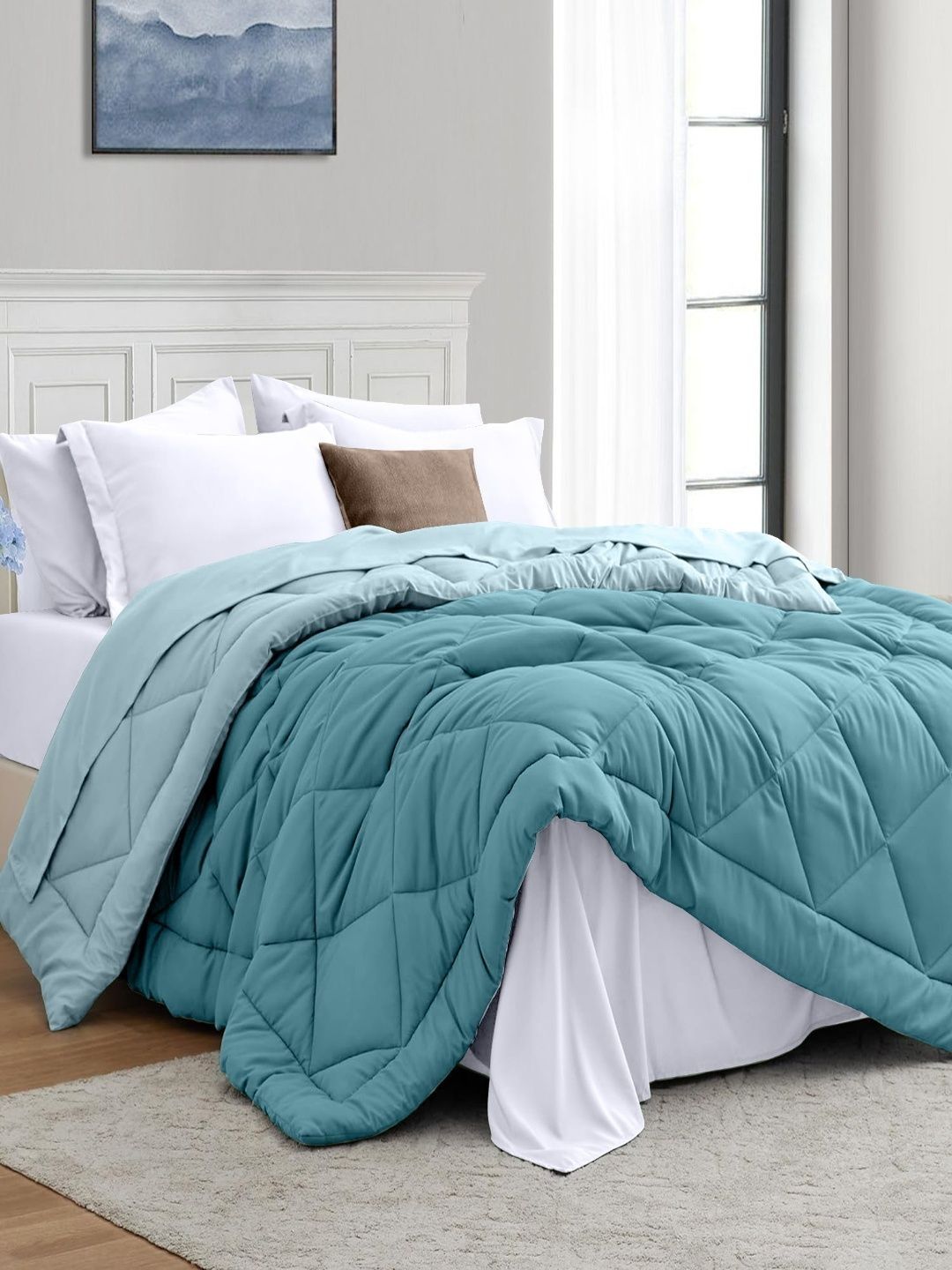 Sangria Sangria Teal Blue Pure Microfibre Reversible 150 GSM Double AC Room Comforter