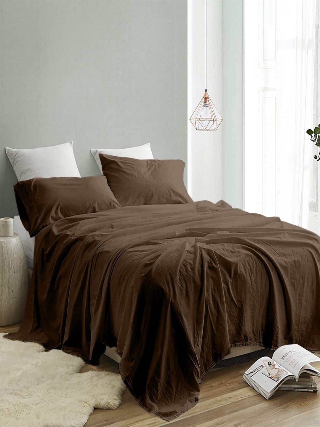 Sangria Brown 300 TC King Double Bedsheet With 2 Pillow Covers-2.74 m x 2.74 m