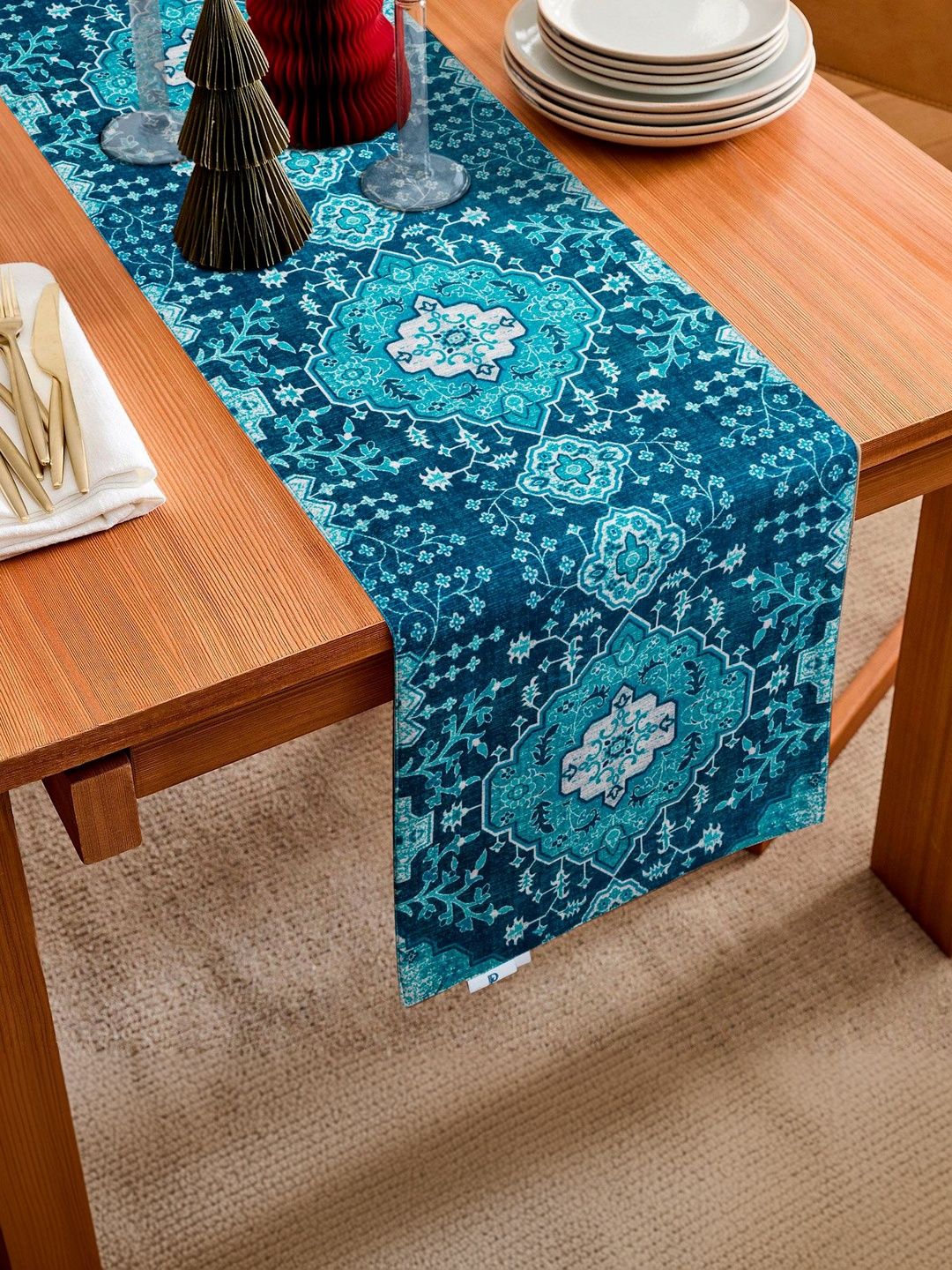 PLIVANA Teal Blue Floral Printed Dining Table Runner