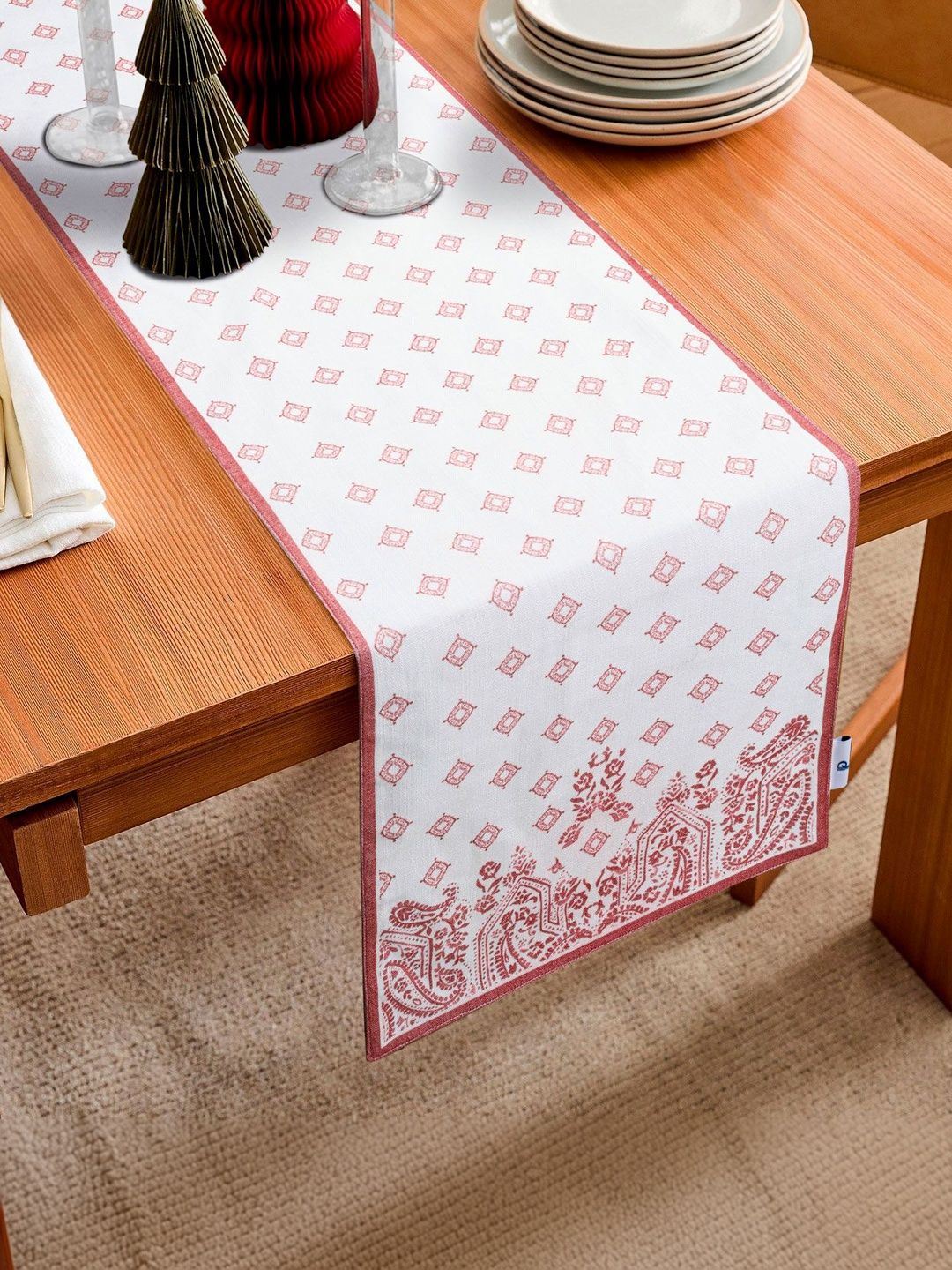 PLIVANA Red & White Floral Printed Dining Table Runner