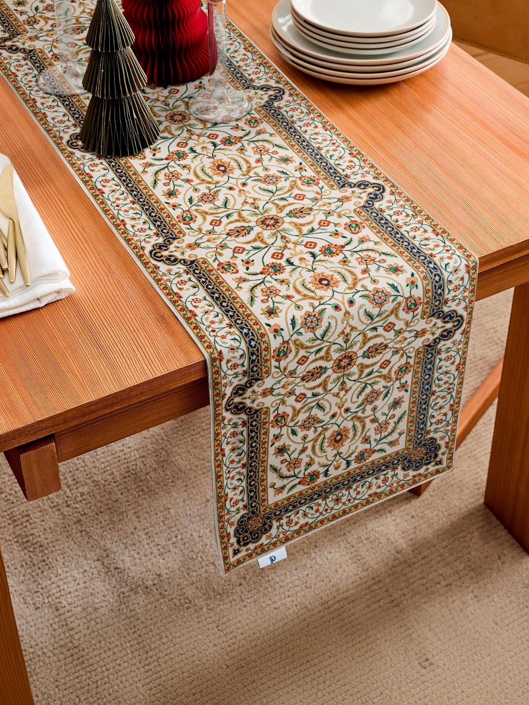 PLIVANA Coffee Brown & White Floral Printed Table Runner