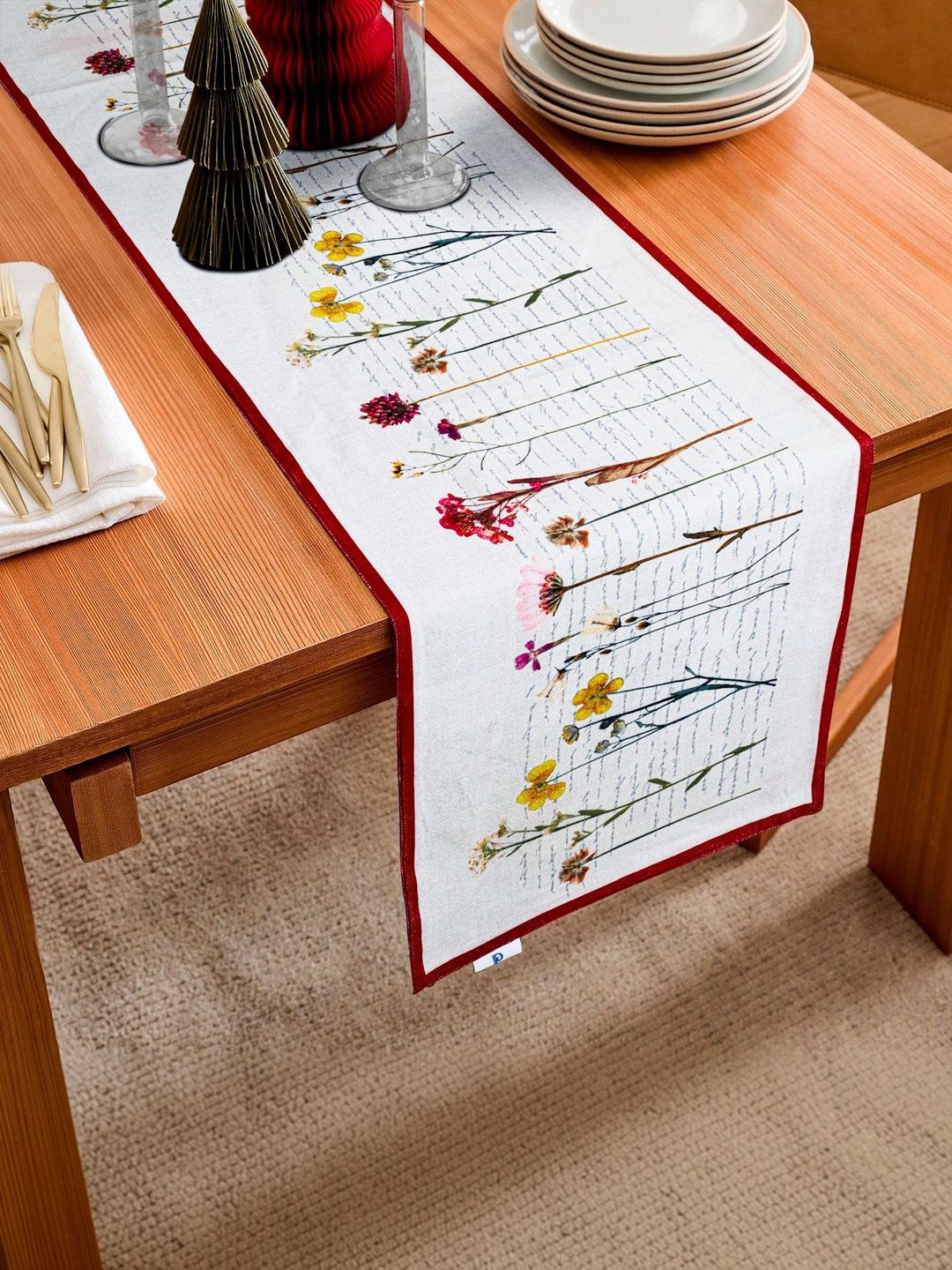 PLIVANA Red & White Floral Printed Dining Table Runner