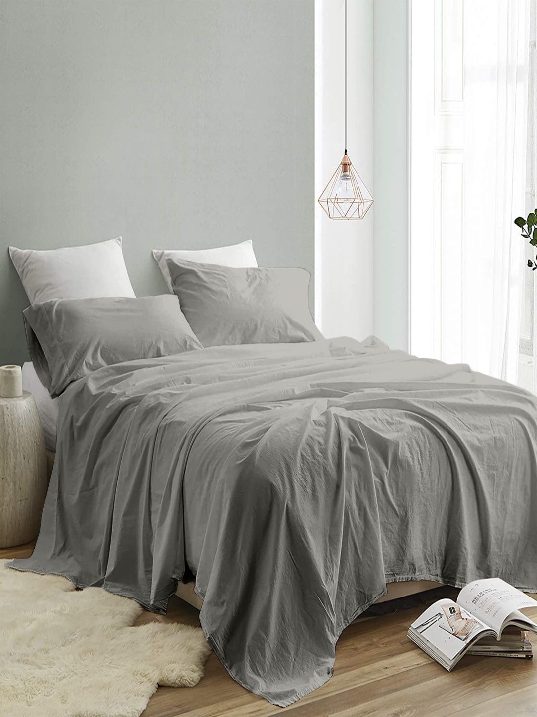 Sangria Grey 300 TC King Double Bedsheet With 2 Pillow Covers-2.74 m x 2.74 m