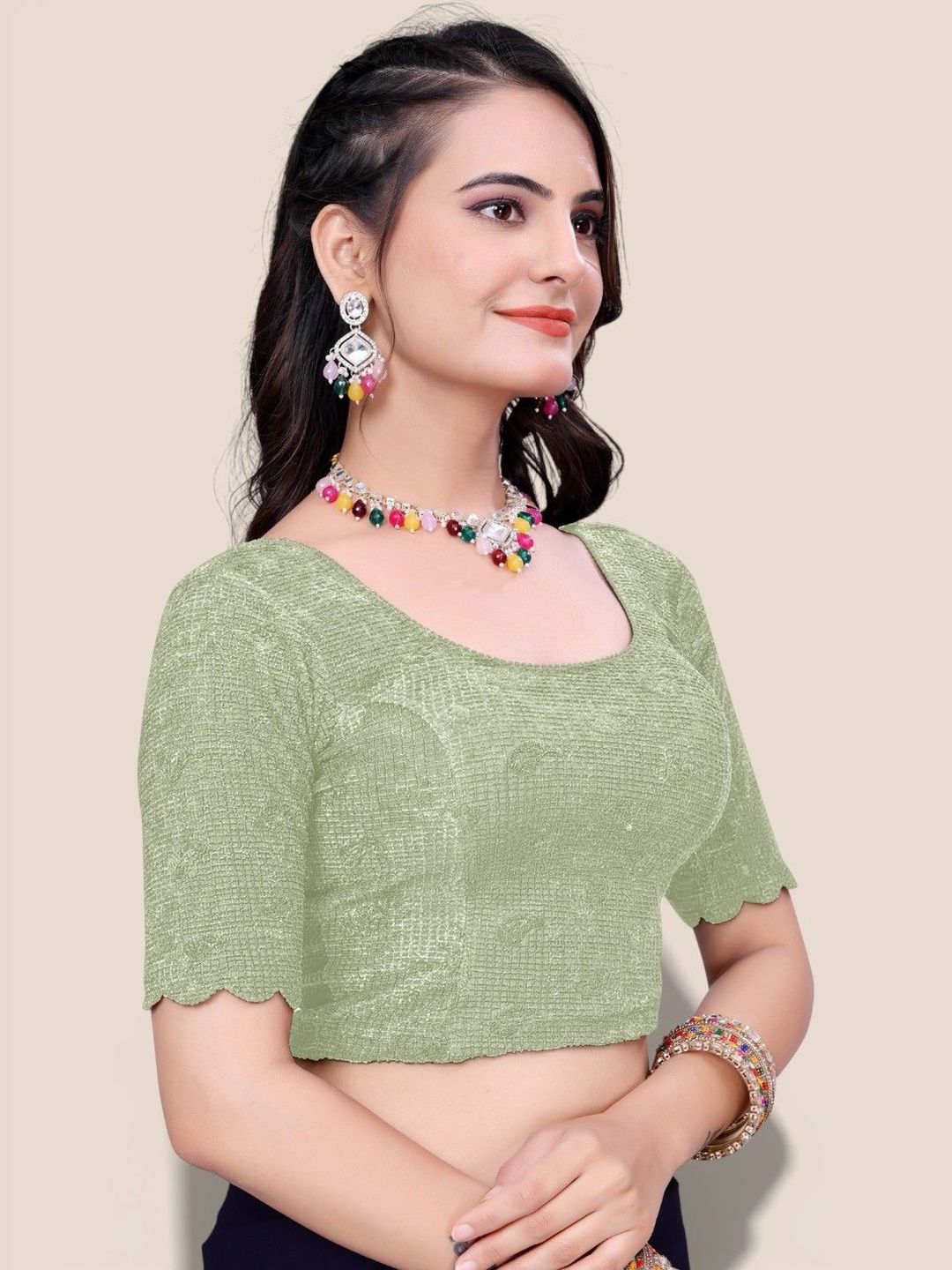 MISS WEARS Woven Designed Round Neck Saree Blouse