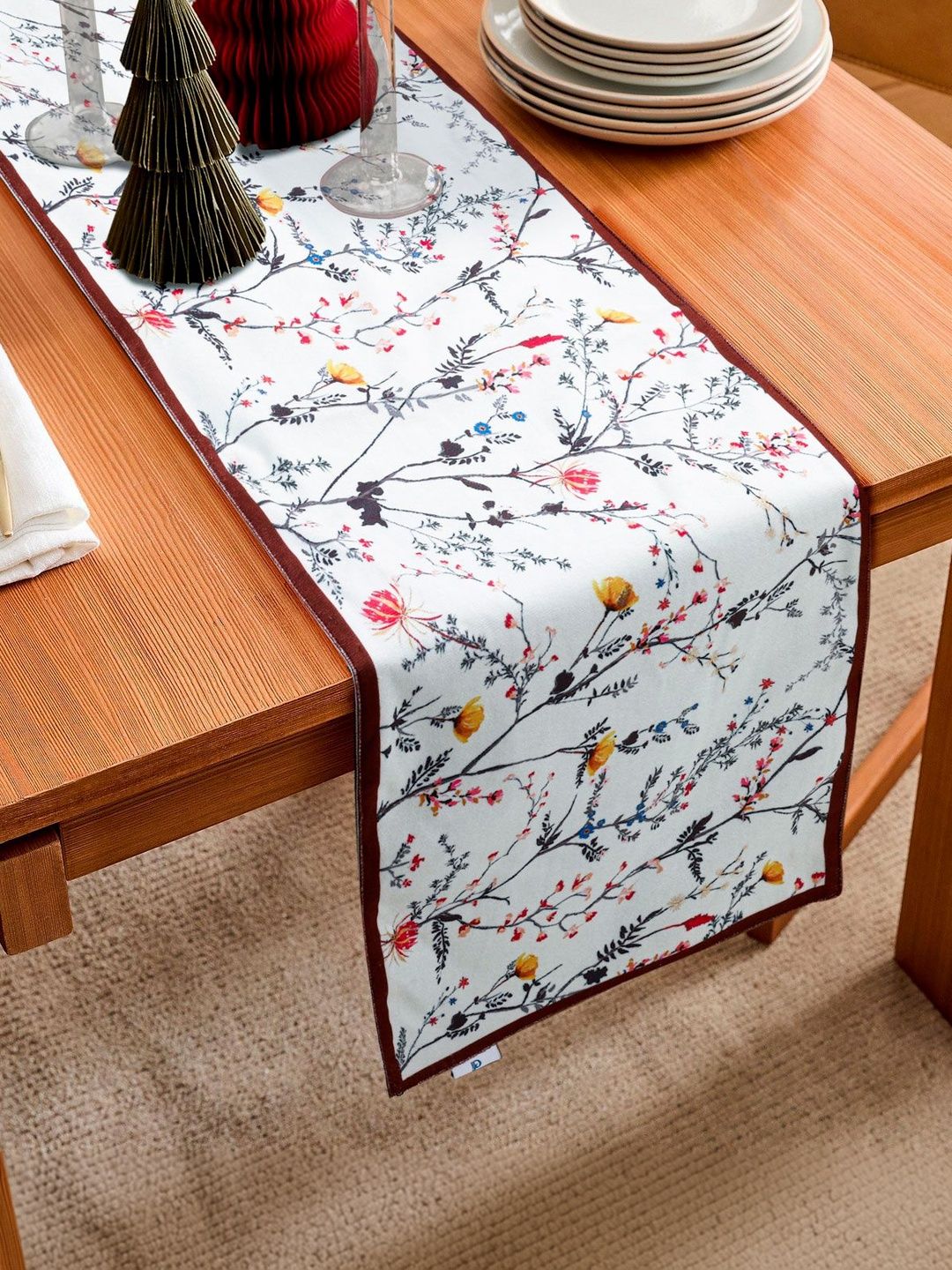 PLIVANA Red & White Floral Printed Dining Table Runner