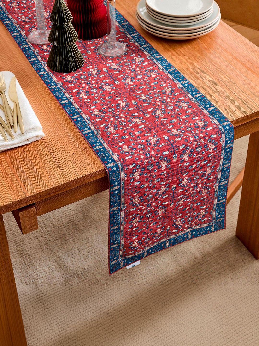 PLIVANA Red & Blue Floral Printed Dining Table Runner