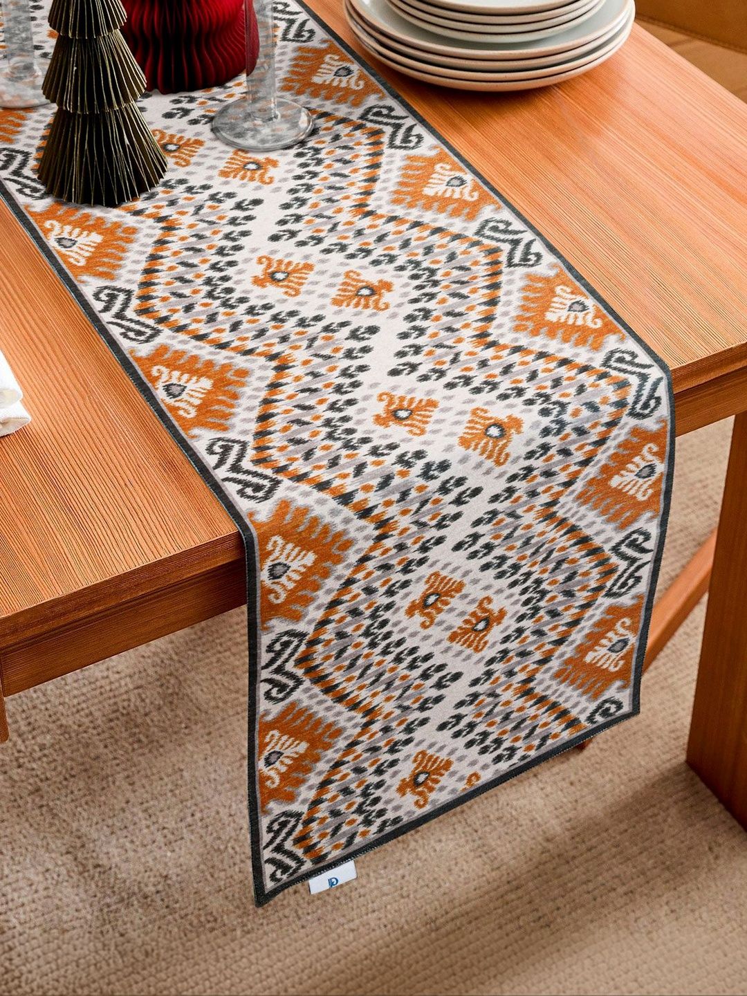 PLIVANA Blue & Orange Floral Printed Dining Table Runner
