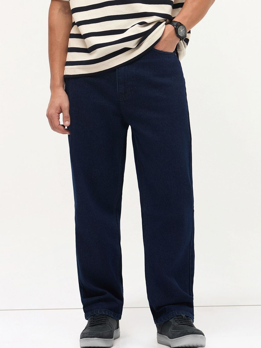 Urbano Fashion Loose Non Dark Blue Heavy Fade Mid-Rise Baggy Fit Stretchable Jeans