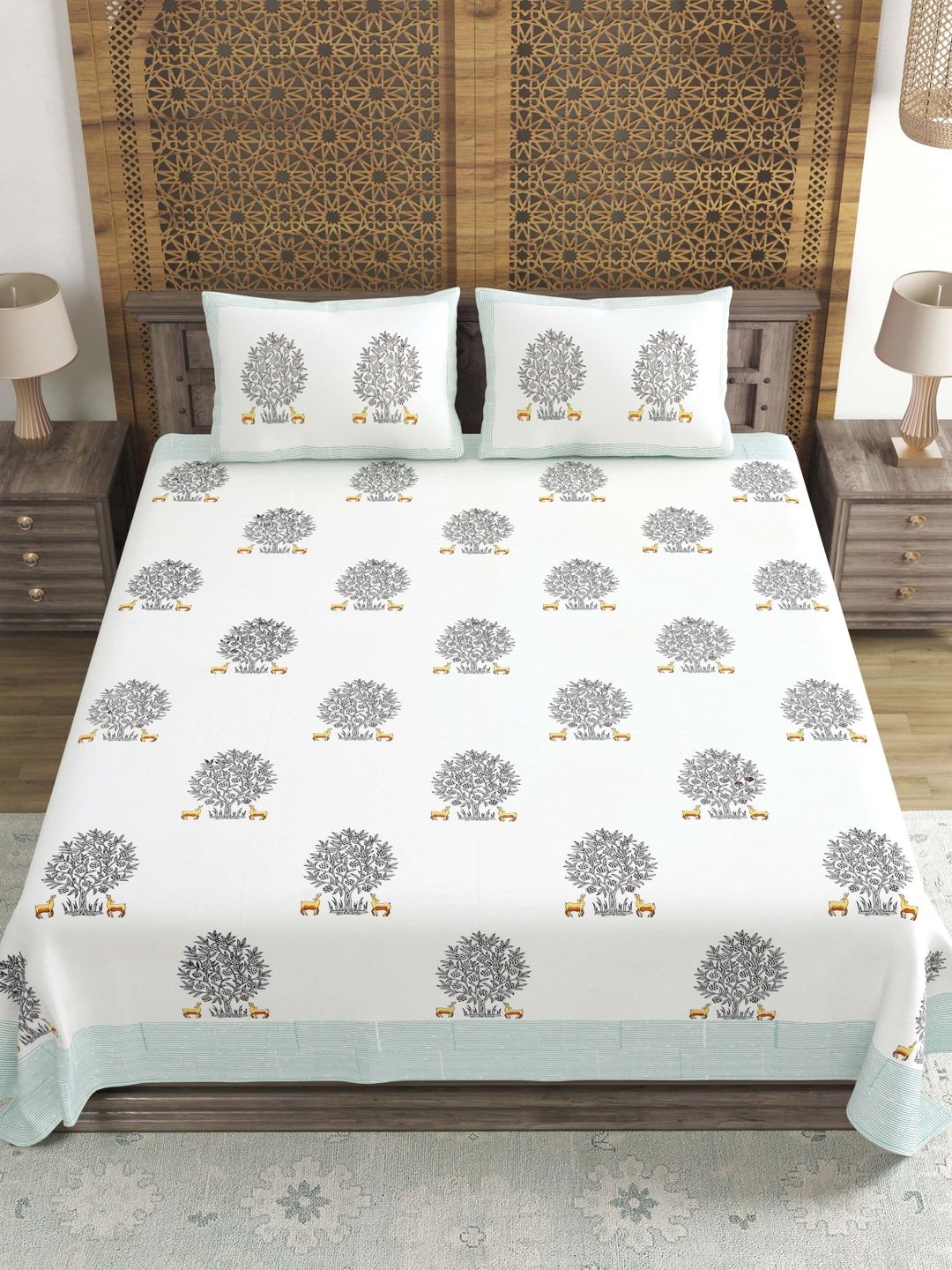 BLOCKS OF INDIA BLOCKS OF INDIA Unisex Green Pure Cotton Bedsheets