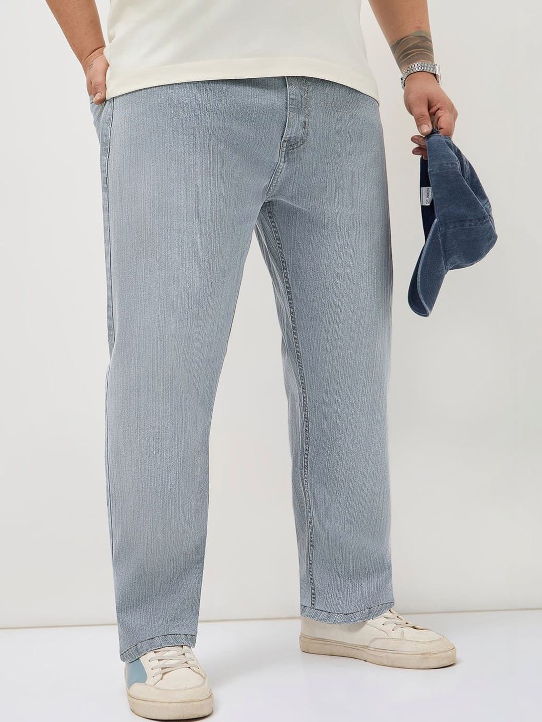 Urbano Plus Men's Light Grey Straight Fit Washed Denim Jeans Stretchable