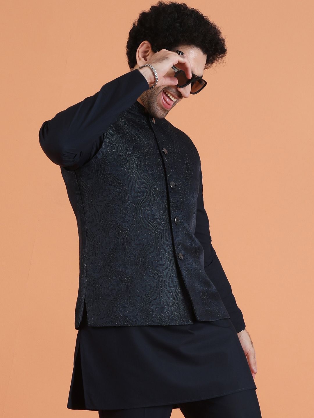 KISAH Men Black Nehru Jacket Subtle Metallic Textured Pattern Elegant Ethnic Layer