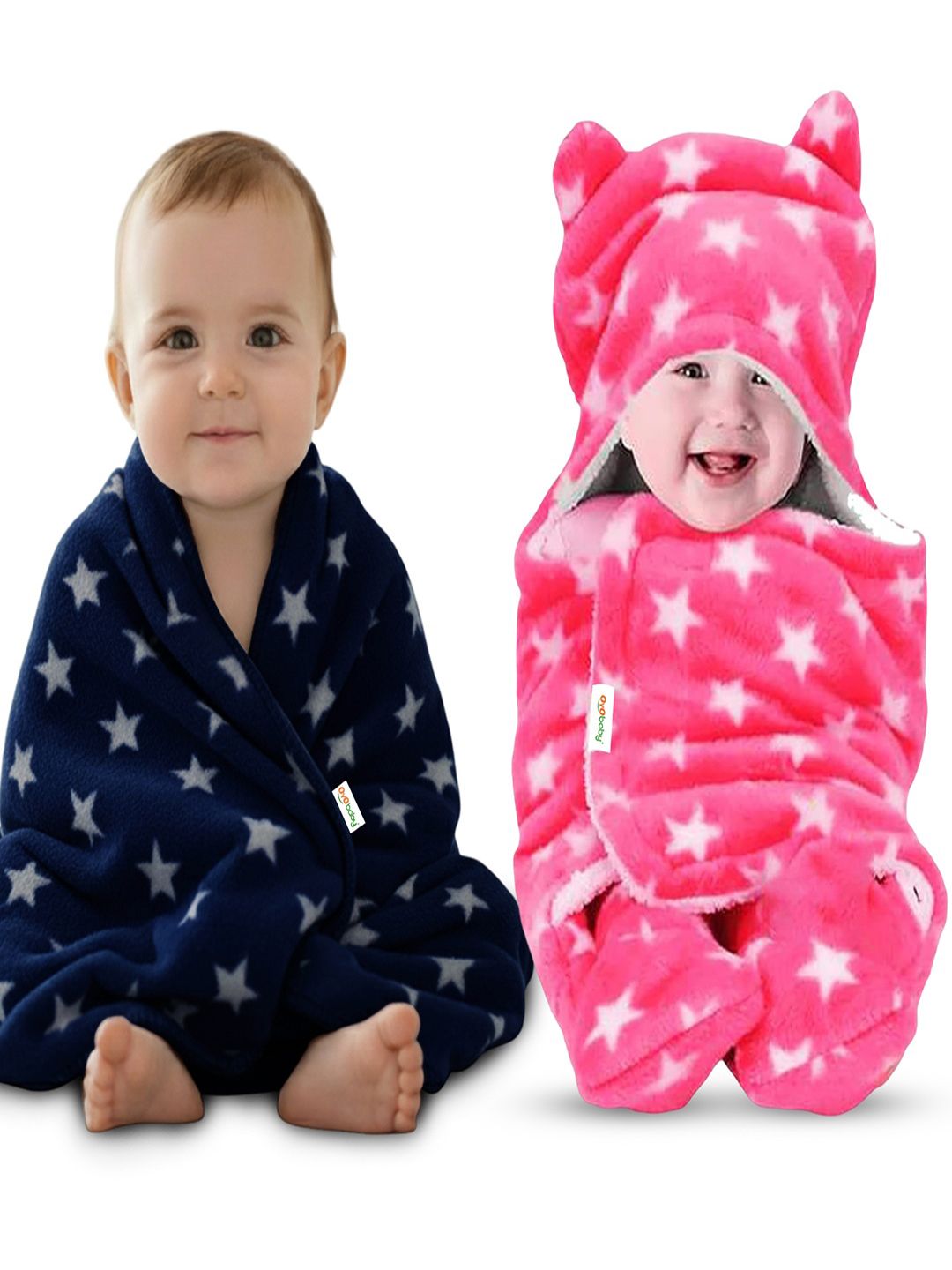 OyO Baby Infants Kids Navy Blue & Pink Pack of 2 Printed Fleece AC Room Baby Blankets