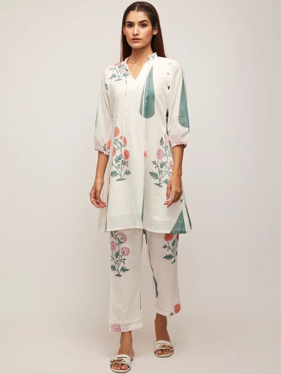 White Printed Tunic with Trousers Co-Ords