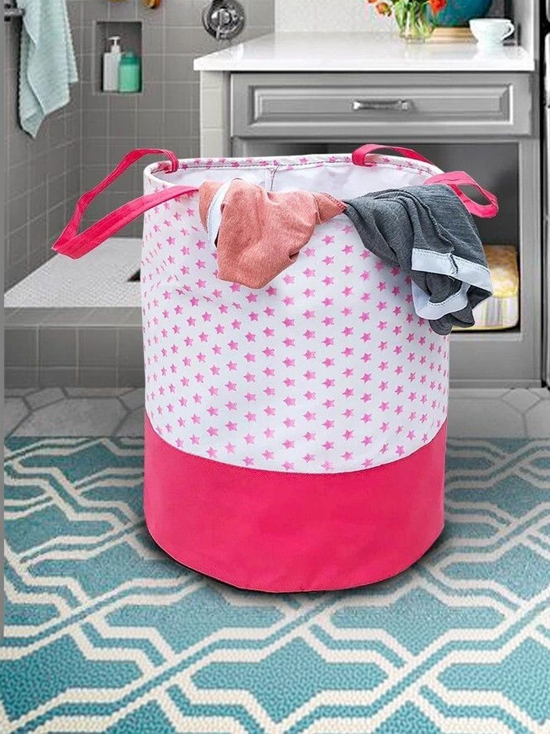 ZOVIRA Pink & White Printed Cotton Foldable Laundry Bag