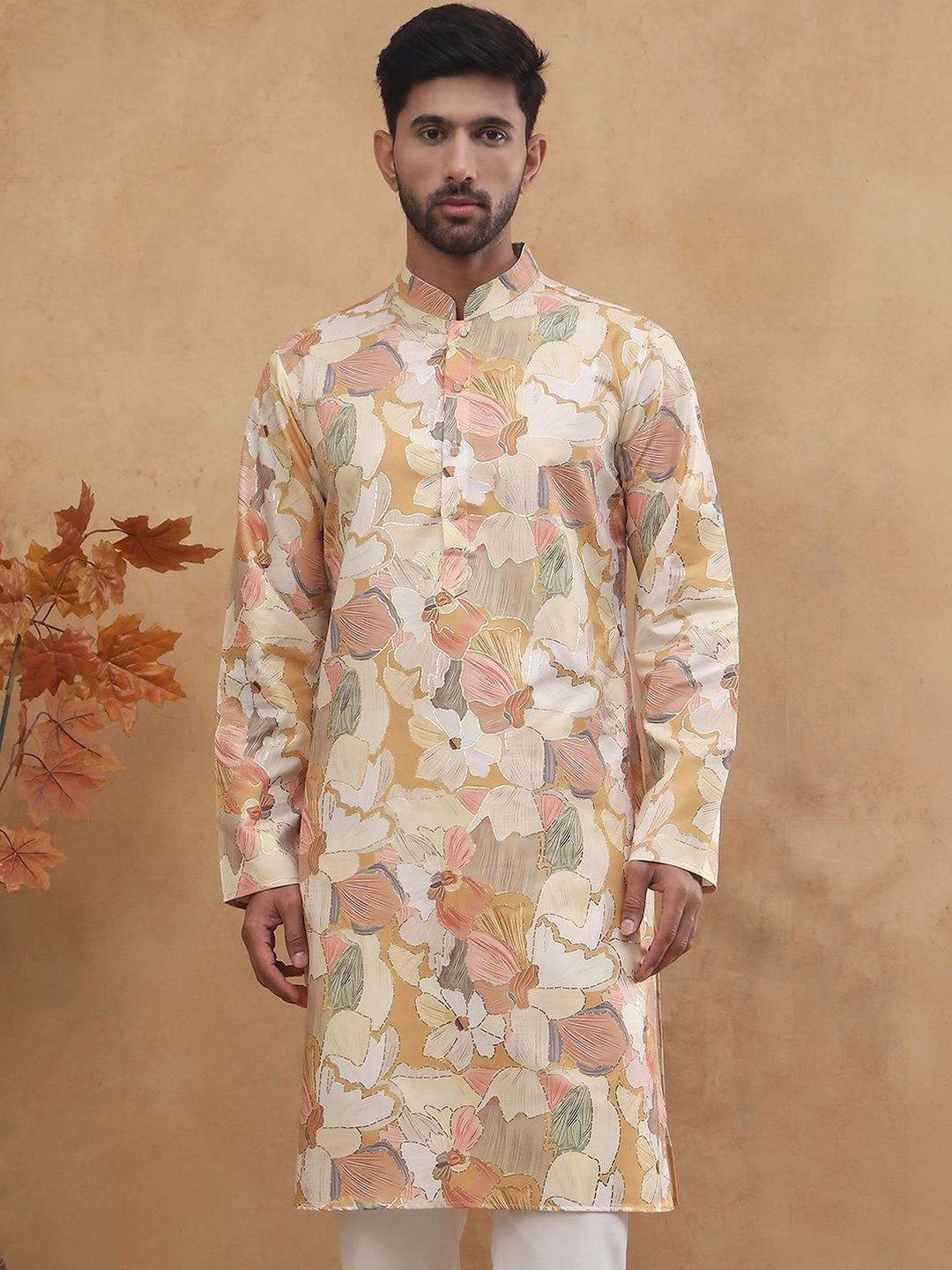 House of Pataudi Printed Mandarin Collar Knee Length Straight Kurtas