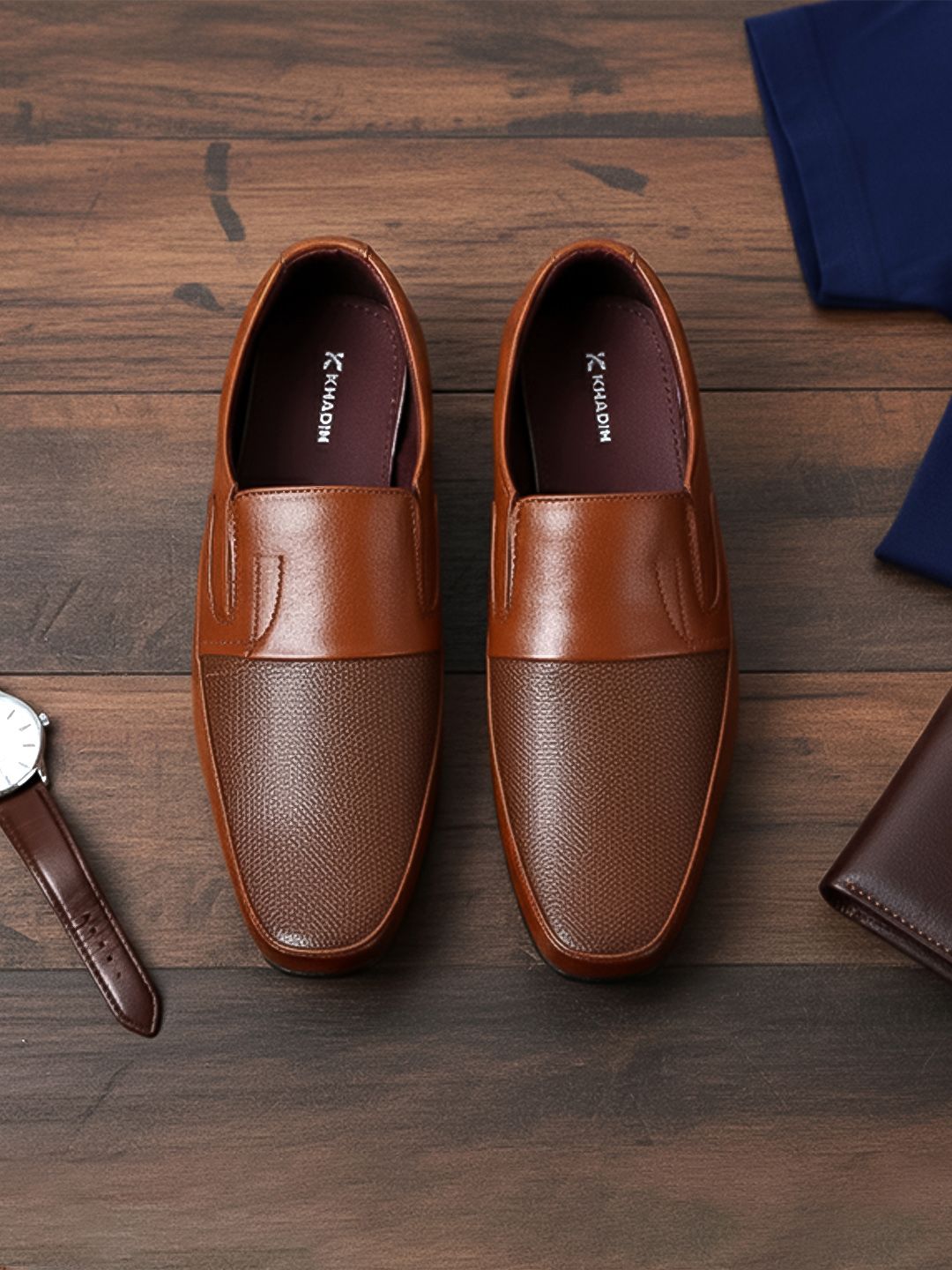 Khadims Men Tan Solid Leather Formal Slip-Ons