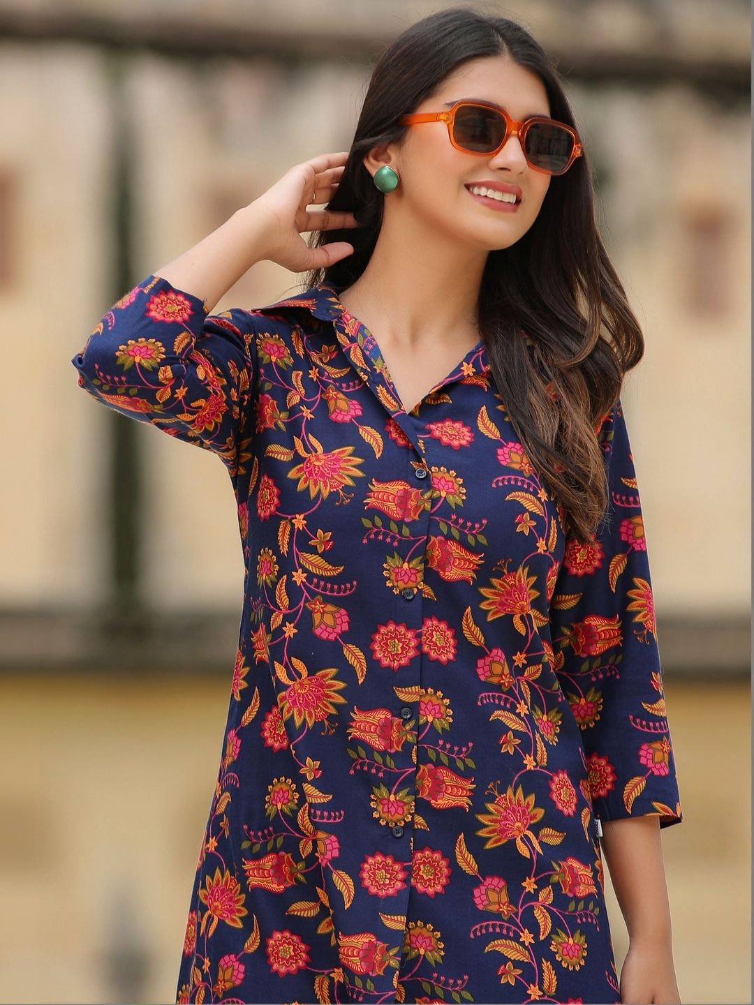 SZN Women Navy Blue Printed Tunic with Palazzos