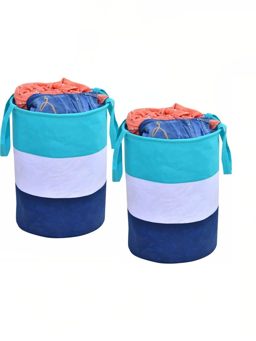 ZOVIRA 2 Pieces Blue & White Printed Cotton Foldable Laundry Bag