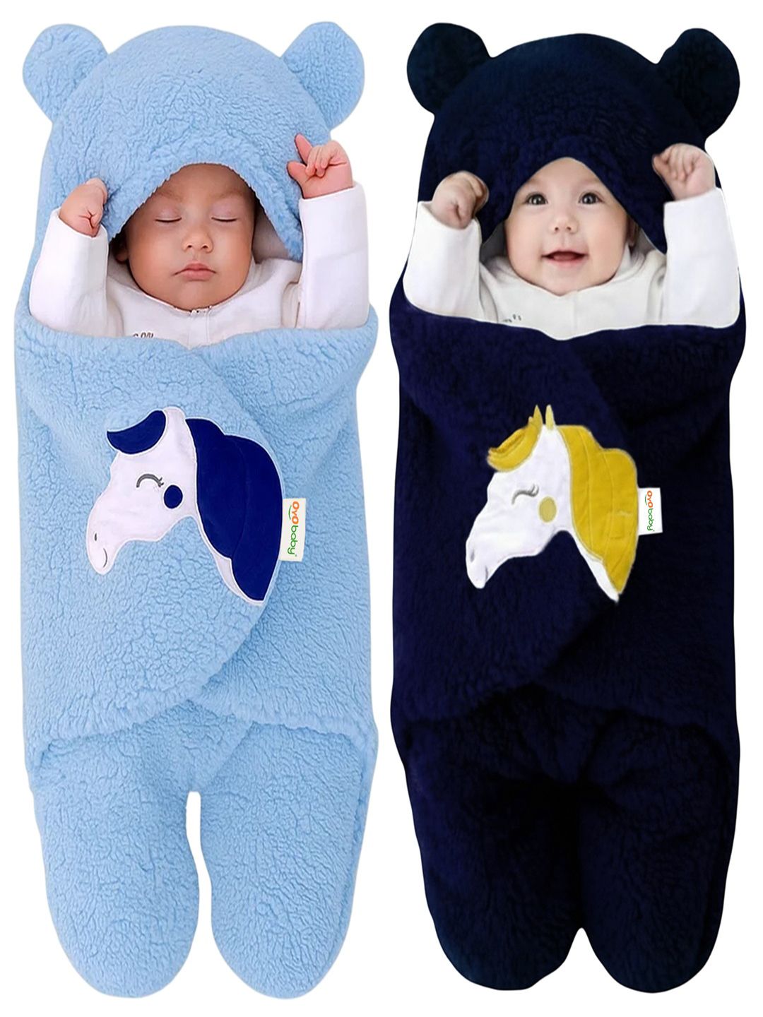 OyO Baby Infants Kids Blue & Navy Blue Pack of 2 Unicorn Fleece Ac Room Baby Blankets