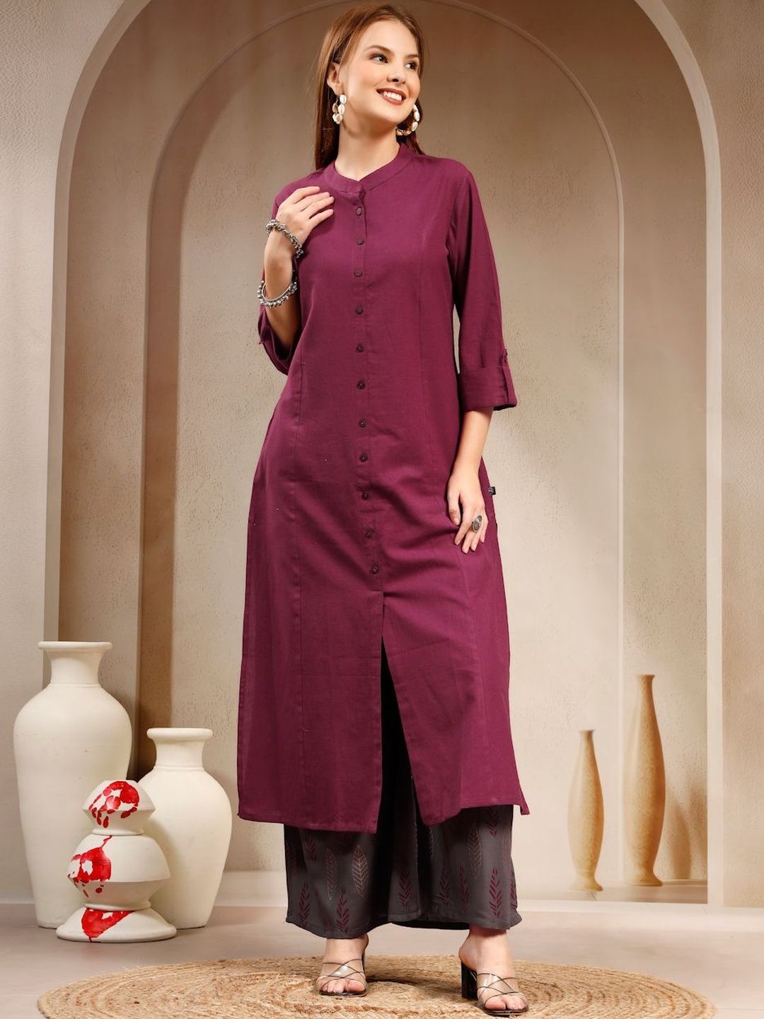 Buy aayusika Women Katha & Trim Work Mandarin Collar Pure Cotton
