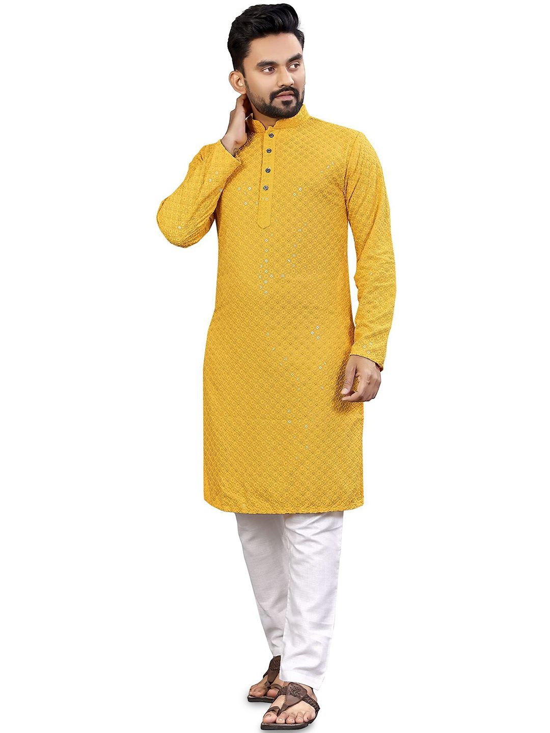 ALMORA Men Chevron Embroidered Mirror Work Handloom Kurta