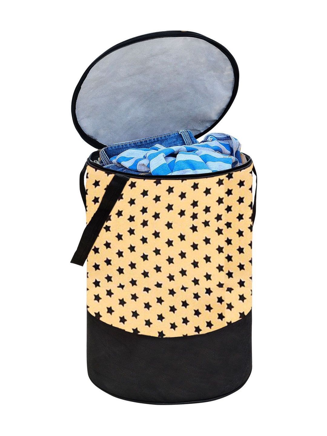 ZOVIRA Beige & Black Printed Cotton Foldable Laundry Bag