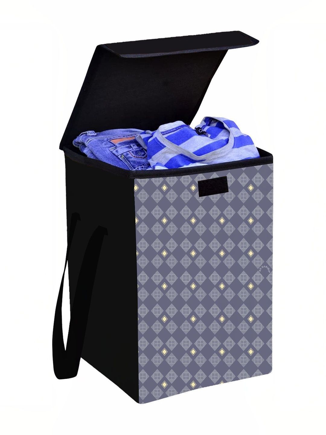 ZOVIRA Grey & Yellow Printed Cotton Foldable Laundry Bag