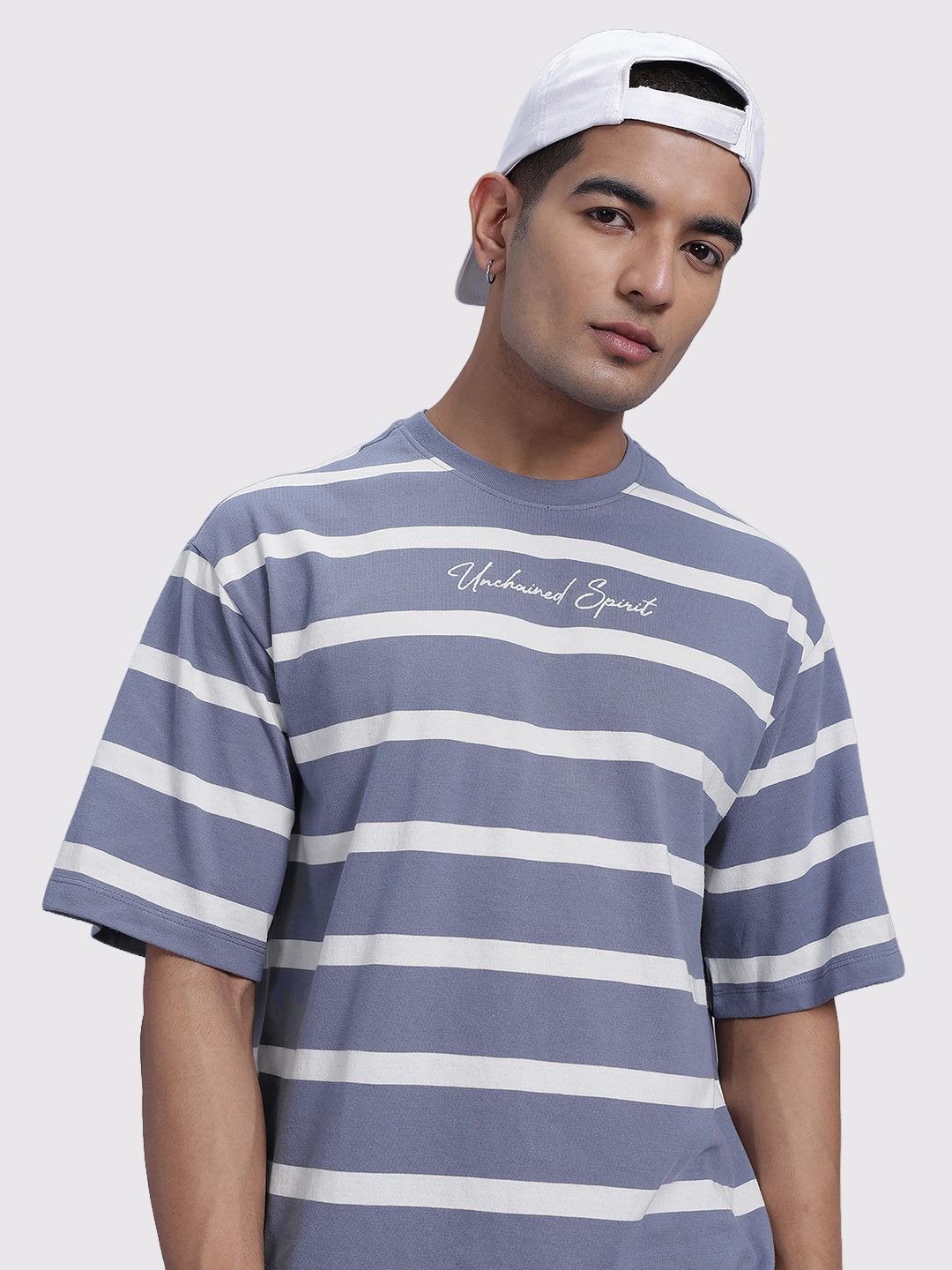 The Roadster Life Co. Striped Drop-Shoulder Sleeves Relaxed Fit T-shirt