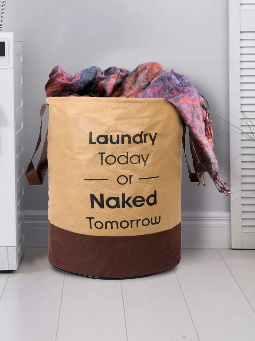 ZOVIRA Beige & Brown Printed Cotton Foldable Laundry Bag