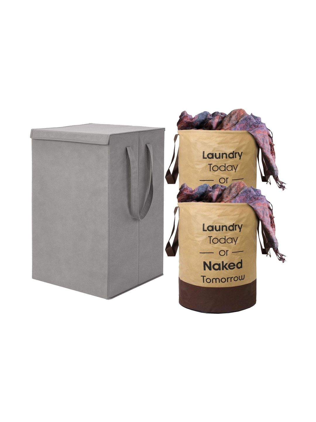 ZOVIRA 3 Pcs Grey & Brown Printed Cotton Foldable Laundry Bag