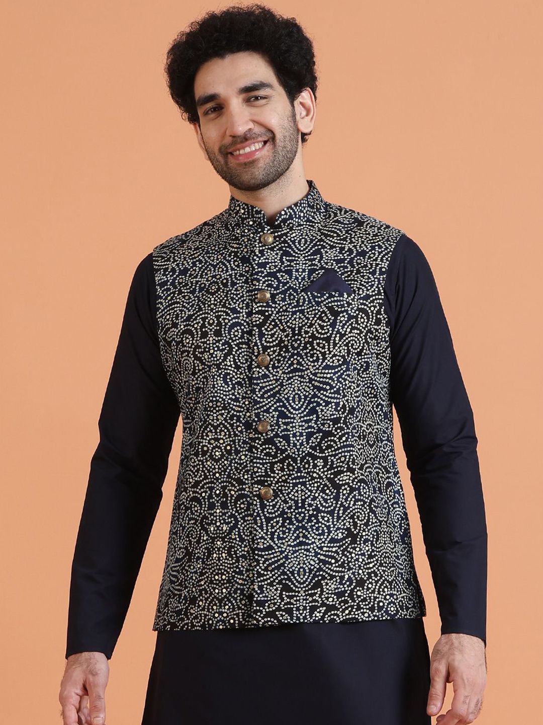 KISAH Men Bandhani Printed Mandarin Collar Nehru Jacket