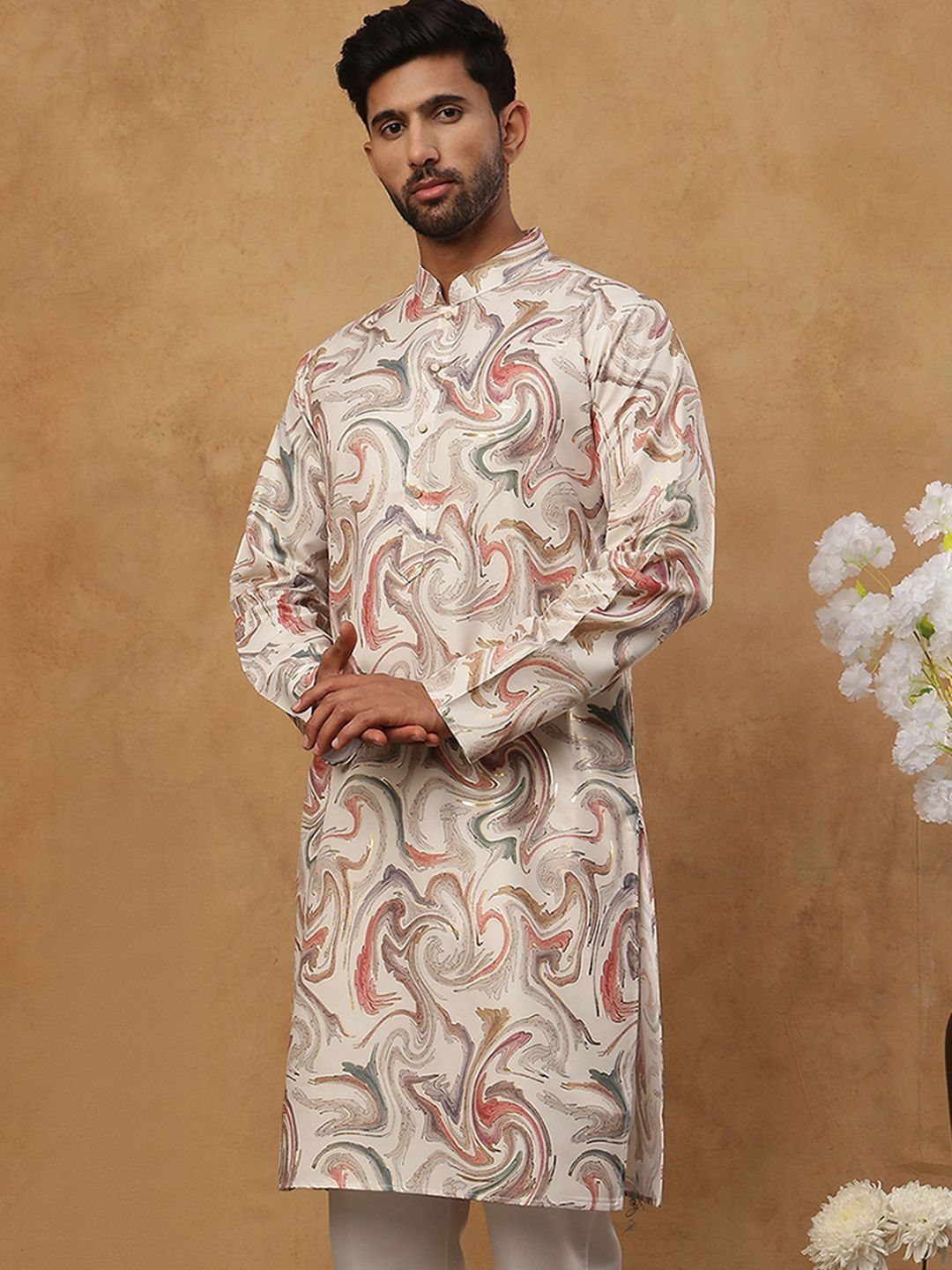 House of Pataudi Printed Mandarin Collar Knee Length Straight Kurtas