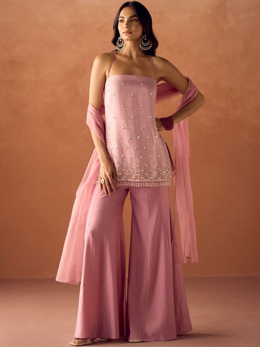Embroidered Kurta Set FIORRA Women Light Pink Crush Embroidered Organza Straight Kurta Set with Dupatta