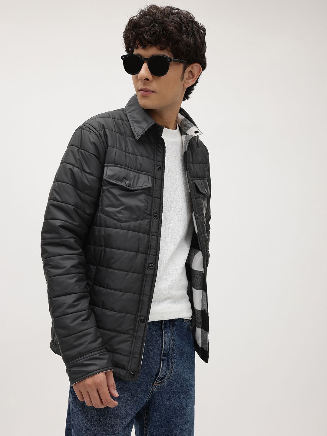 The Roadster Lifestyle Co. Buffalo Checks Spread Collar Reversible Padded Jacket