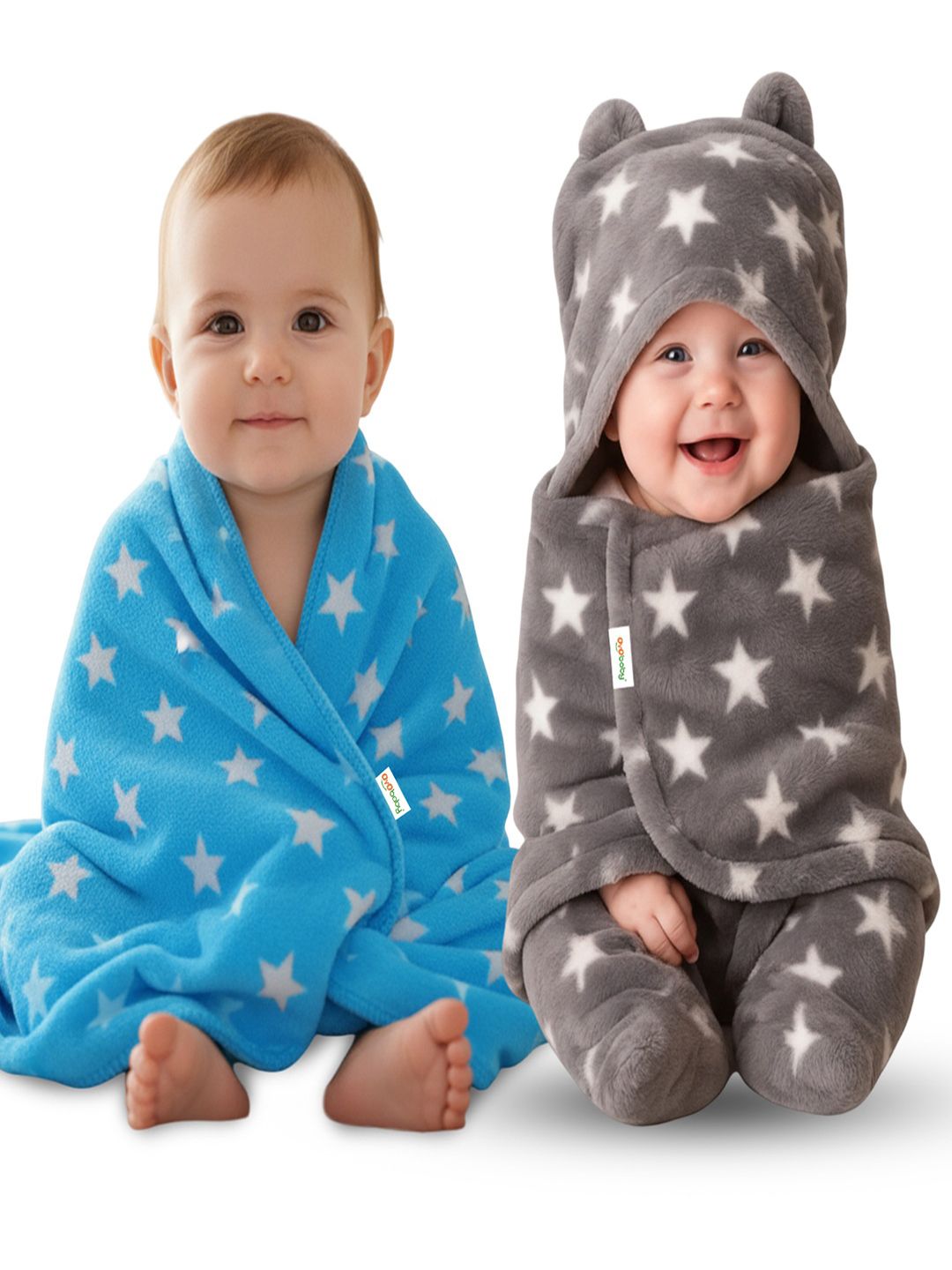 OyO Baby Infants Kids Blue & Grey 2 Pieces Star Printed Fleece AC Room Baby Blanket