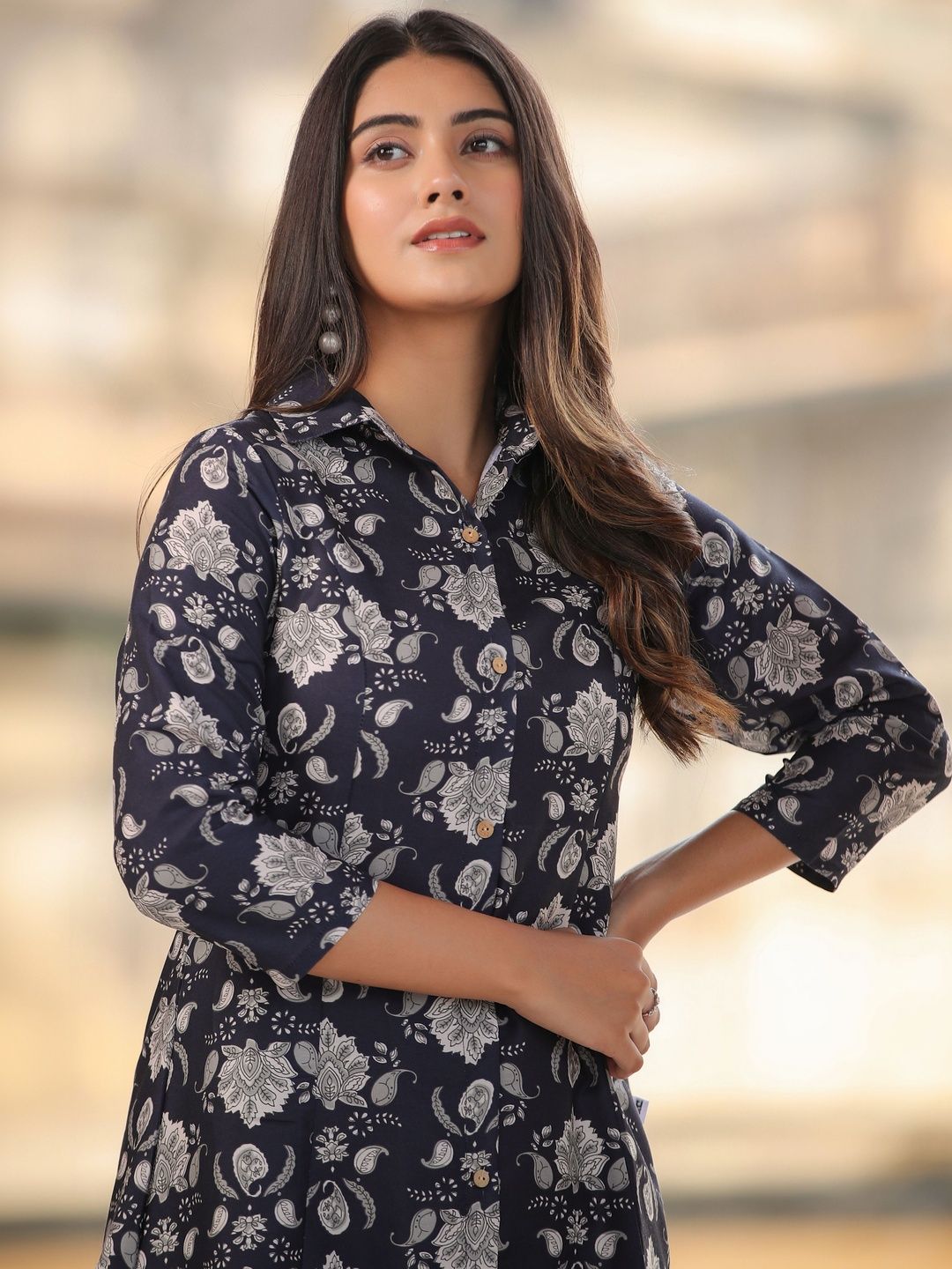 SZN Women Navy Blue Printed Tunic with Trousers