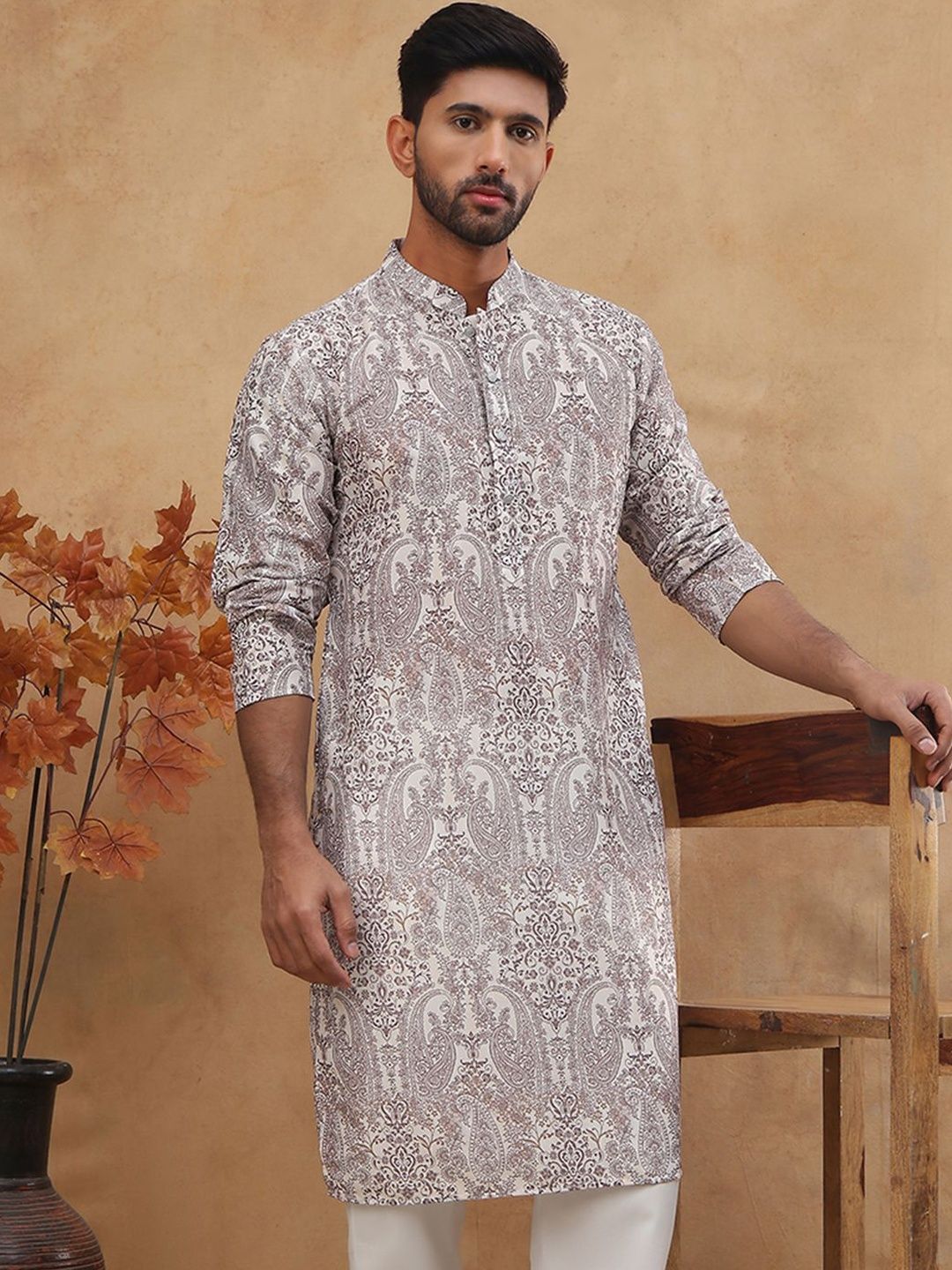 House of Pataudi Printed Cotton Mandarin Collar Knee Length Straight Kurtas
