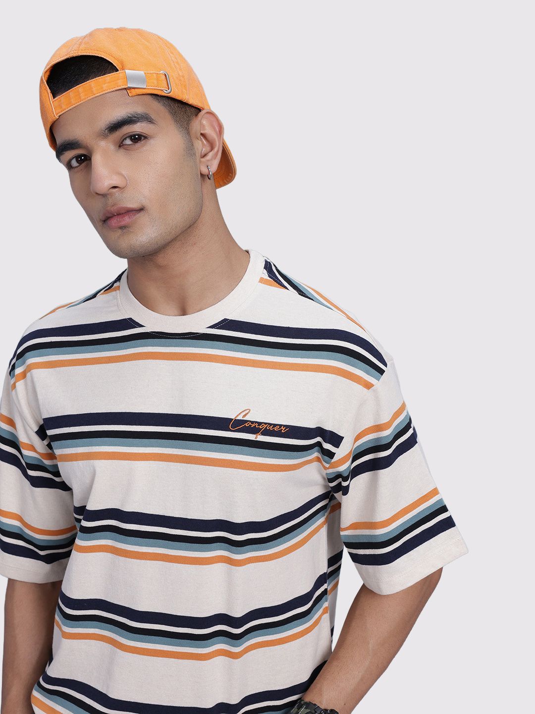 The Roadster Life Co. Multi-Striped Drop-Shoulder Sleeves Relaxed Fit T-shirt