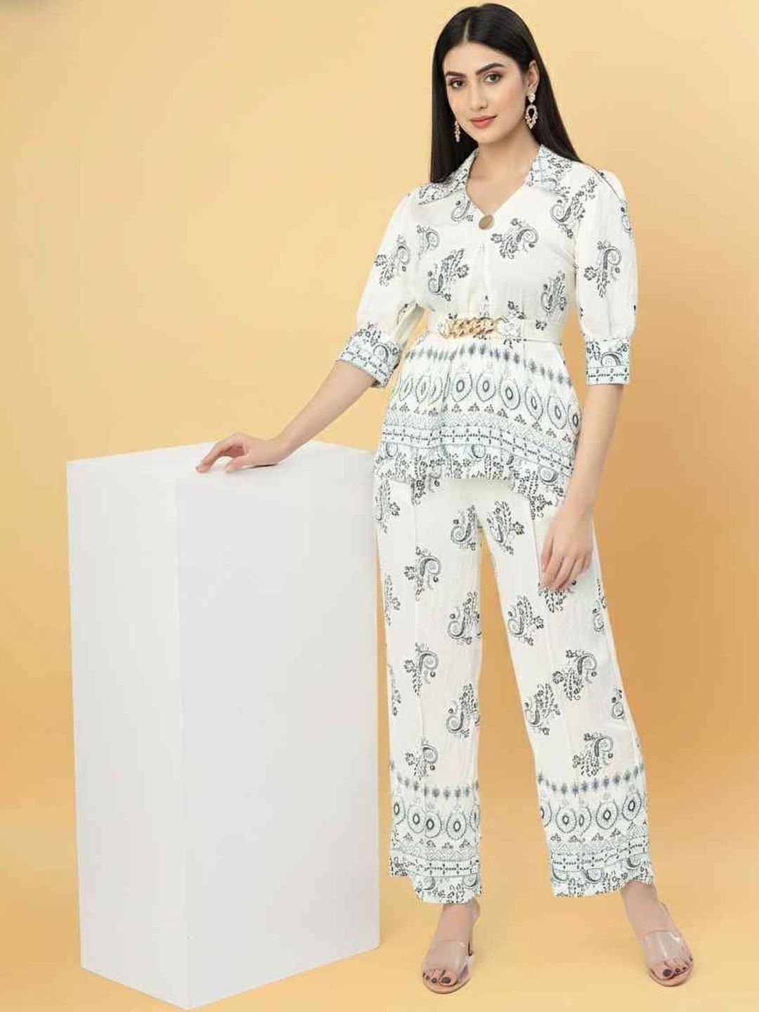 Elara Luxe Women's Printed Co-ord Set With Shirt And Wide Leg Pants