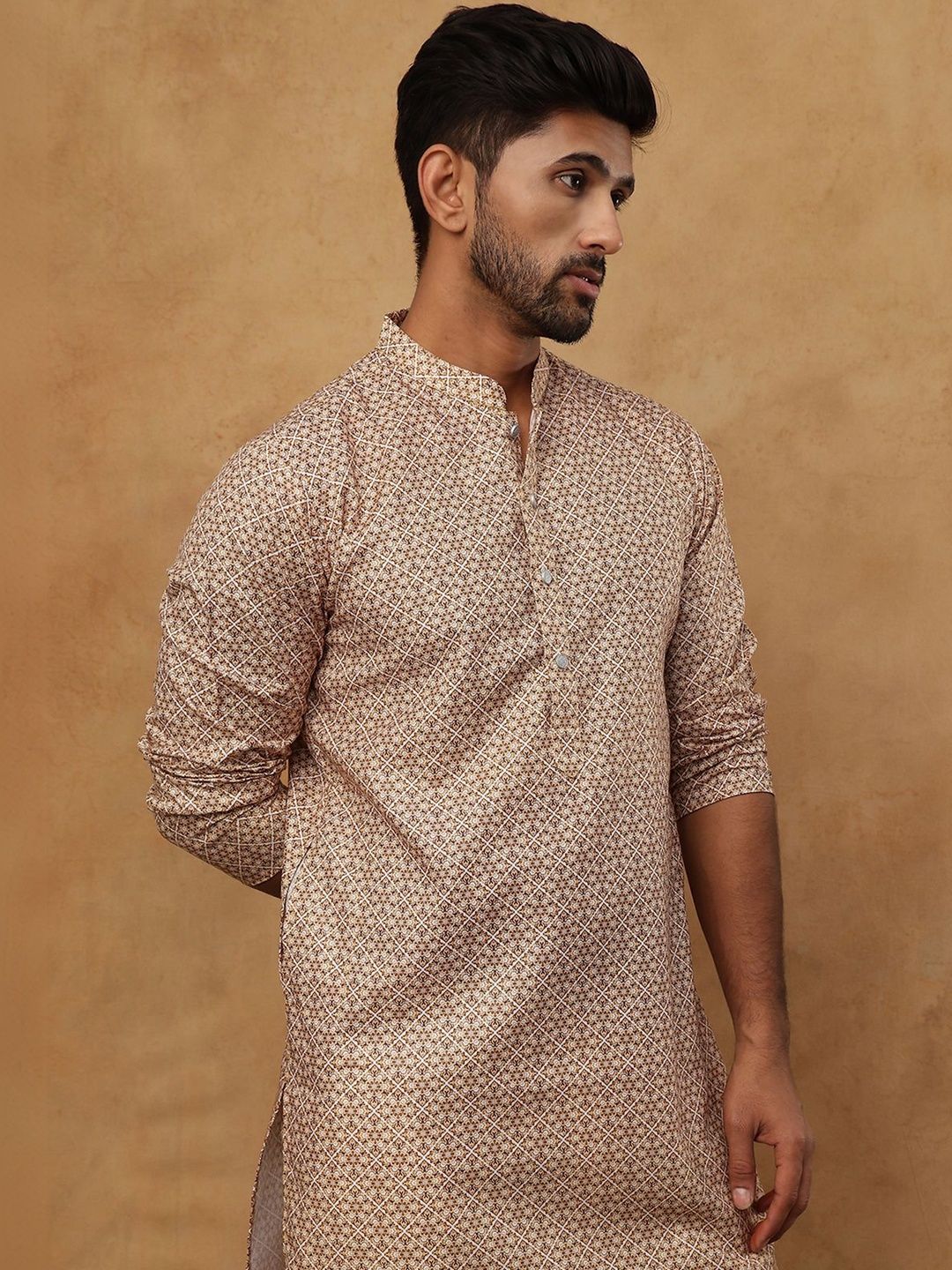 House of Pataudi Printed Mandarin Collar Knee Length Straight Kurtas