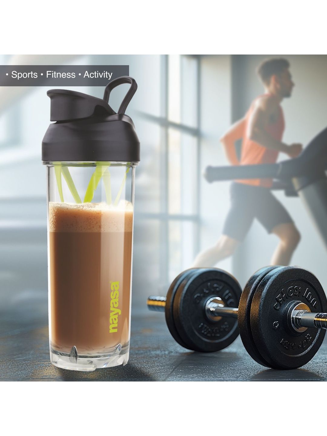 Nayasa Single Sprint Green Plastic BPA Free Gym Shaker Bottle With Mixer Screw Cap 850ml