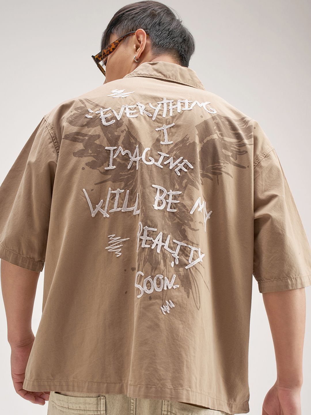 Highlander Men Khaki Smoke Wash Over Dyed Boxy Shirt