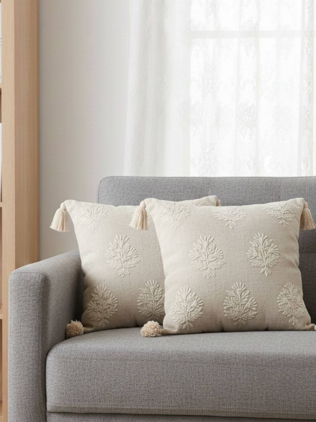 ANWYN ANWYN Beige & Cream-Coloured Set of 2 Embroidered Square Cushion Covers