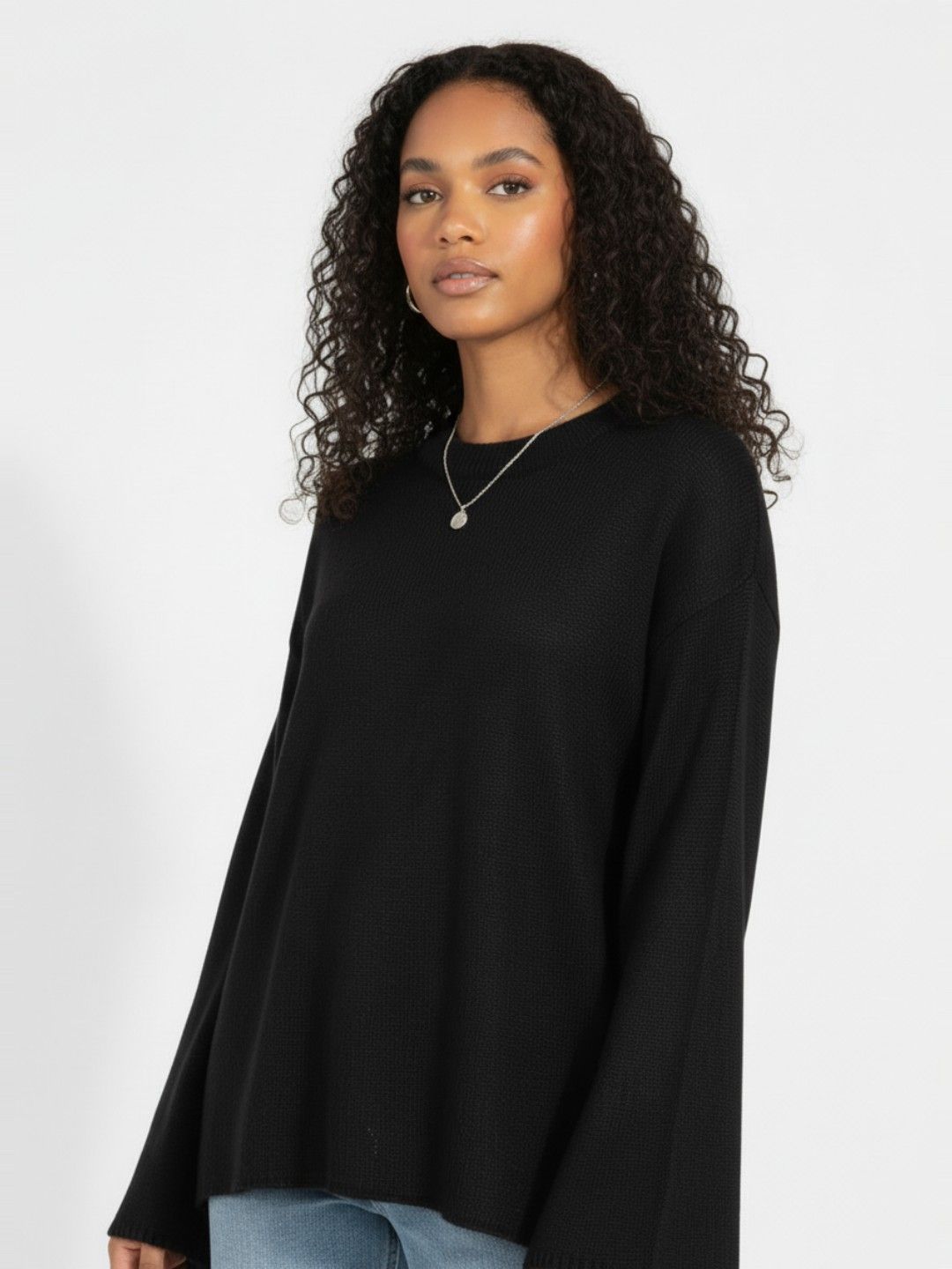 glitchez Round Neck Flared Sleeves High-Low Hem Oversized Pullover
